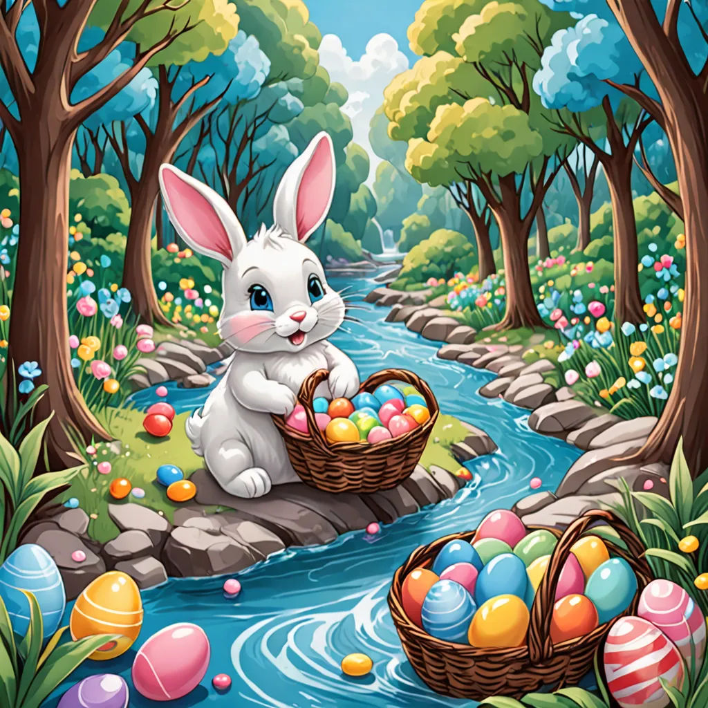 a painting of a bunny with a basket of eggs in a river surrounded by trees and flowers with a stream, naive art, a digital rendering, Anne Stokes, highly detailed digital art