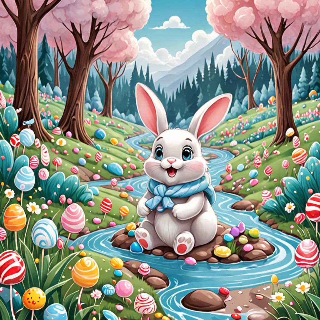 a cartoon bunny sitting on a rock in a river surrounded by trees and eggs with a sky background and clouds, naive art, a storybook illustration, Anne Stokes, highly detailed digital painting