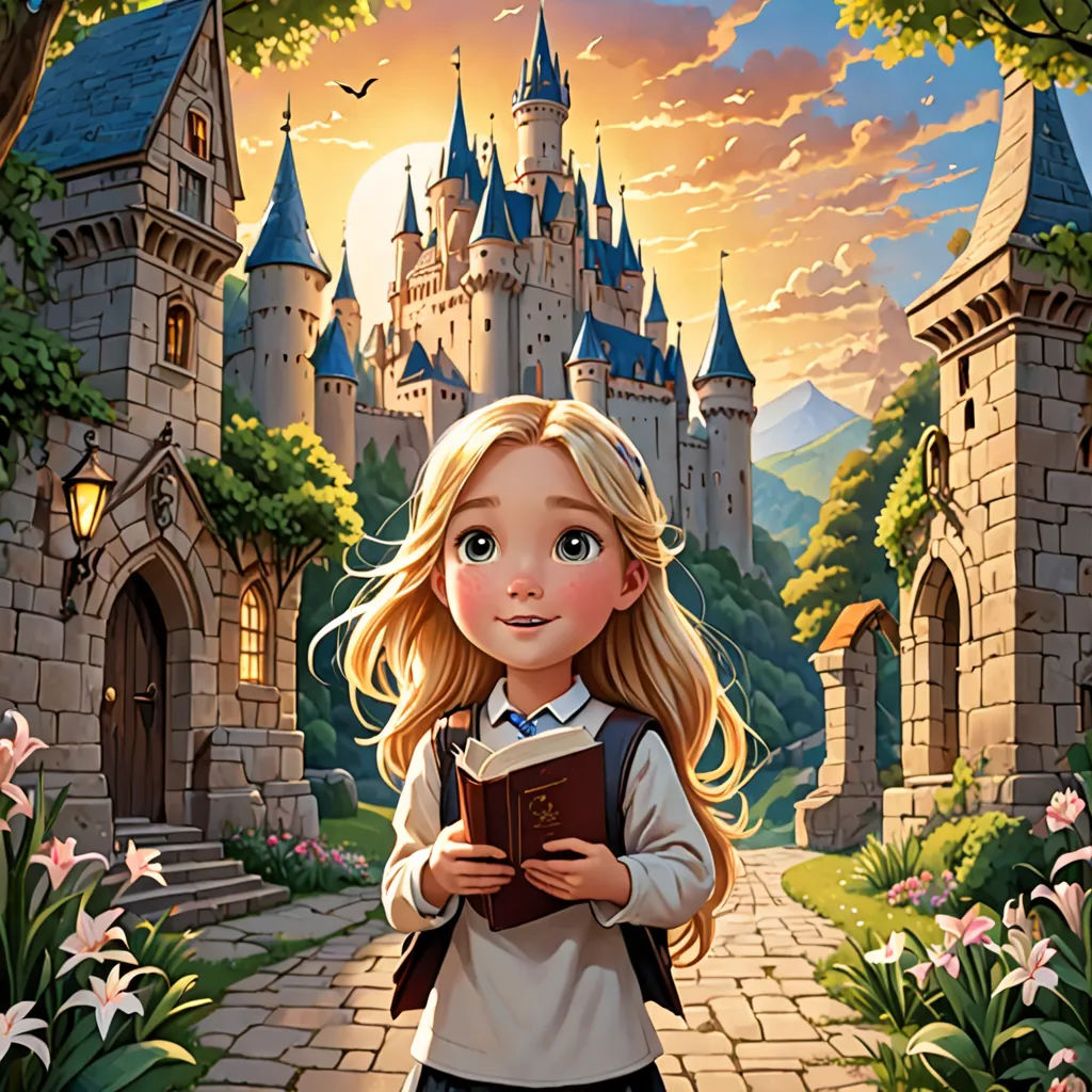 a painting of a girl reading a book in front of a castle with a sunset in the background and flowers in the foreground, fantasy art, a storybook illustration, Alice Prin, storybook illustration