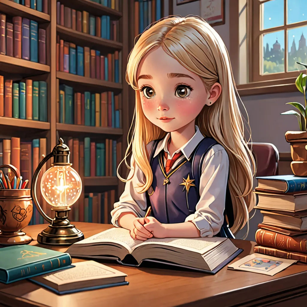 a girl sitting at a desk with a book and a lamp in front of her and a bookcase full of books, fantasy art, a storybook illustration, Charlie Bowater, storybook illustration