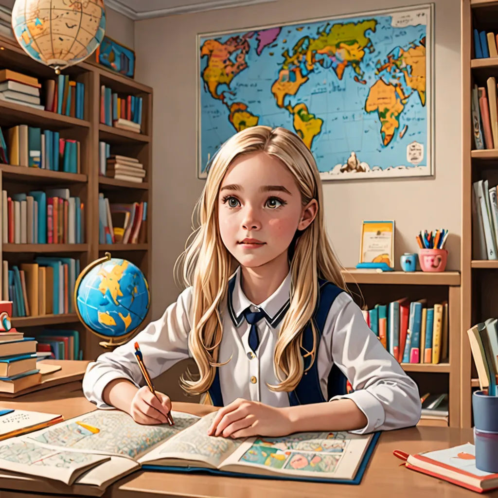 a girl sitting at a desk with a book and a globe in front of her and a bookcase full of books, photorealism, a detailed painting, Artgerm, rossdraws global illumination