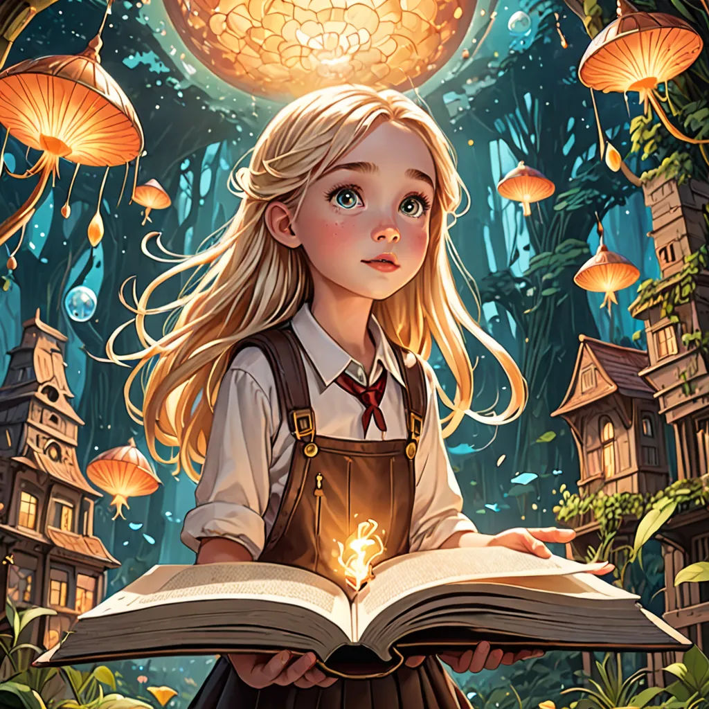 a girl is holding a book in her hands and looking at the camera with a glowing light above her, fantasy art, a storybook illustration, Anna Dittmann, rossdraws global illumination