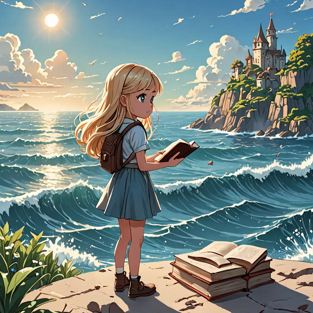 a girl standing on a cliff looking at a book in front of a castle and ocean with waves crashing, fantasy art, a storybook illustration, Cyril Rolando, anime art