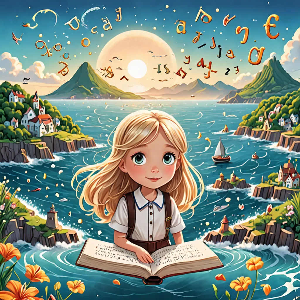 a girl is reading a book in the water with a boat in the background and a mountain in the background, art & language, a storybook illustration, Evaline Ness, storybook illustration