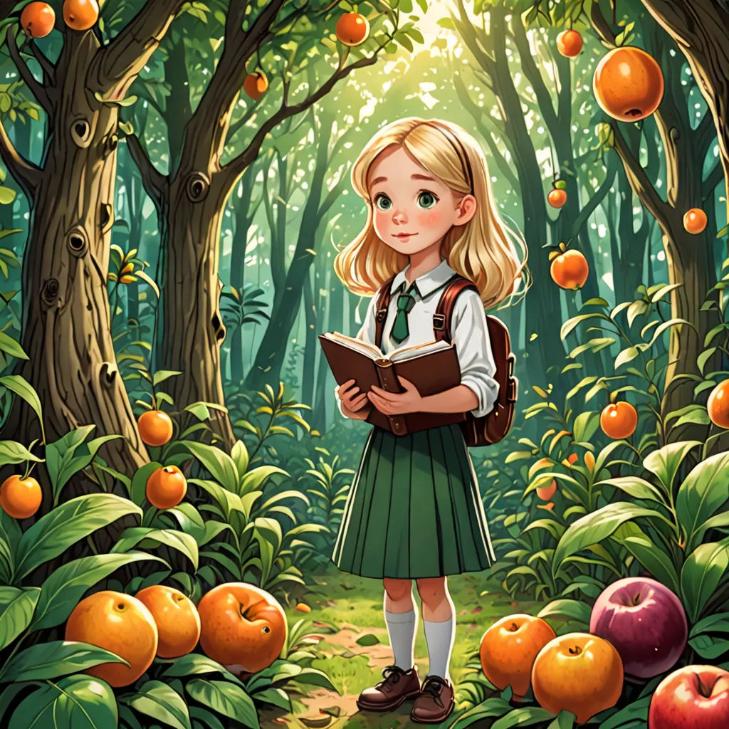 a girl in a green dress is standing in a forest with an open book and oranges on the ground, fantasy art, a storybook illustration, Alice Prin, rossdraws global illumination