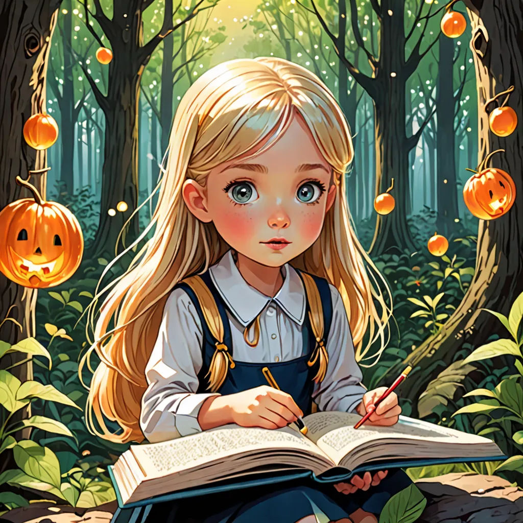 a girl sitting in a forest with a book and pumpkins around her and a pumpkin lantern hanging from the trees, fantasy art, a storybook illustration, Artgerm, trending on art station