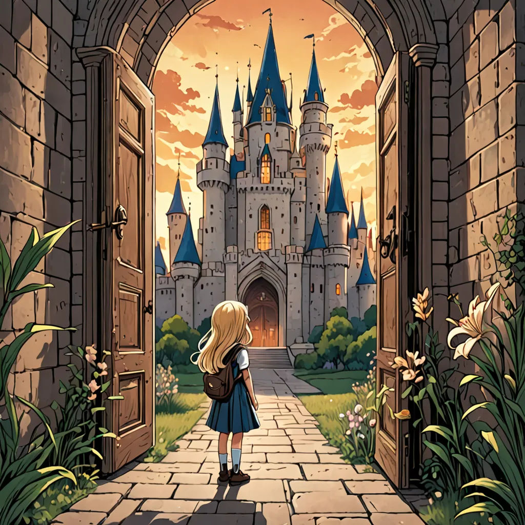a cartoon girl is standing in front of a castle entrance with a castle in the background and flowers in the foreground, fantasy art, a storybook illustration, Alice Prin, rossdraws global illumination