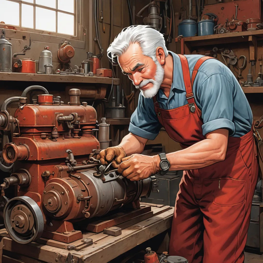a man working on a machine in a shop with lots of tools and equipment on the shelves behind him, photorealism, computer graphics, Brothers Hildebrandt, highly detailed digital painting