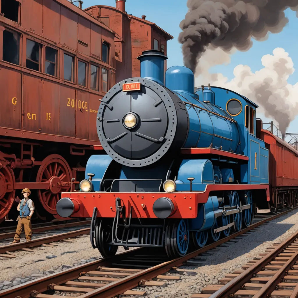 a painting of a train on the tracks with a man standing next to it and a train on the tracks, american scene painting, an ultrafine detailed painting, Brothers Hildebrandt, highly detailed digital painting