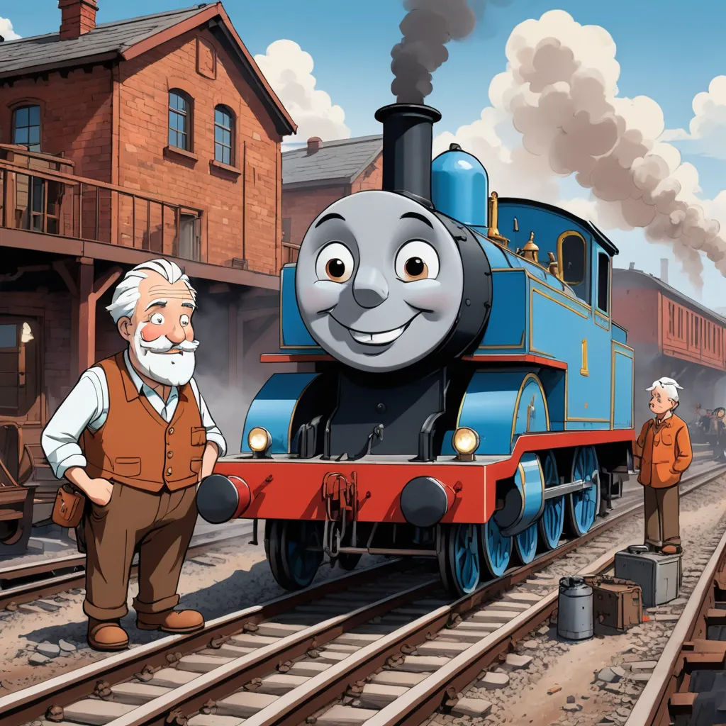 a cartoon train with a man standing next to it and a man standing next to it with a train on the tracks, sots art, concept art, Donald Roller Wilson, official art