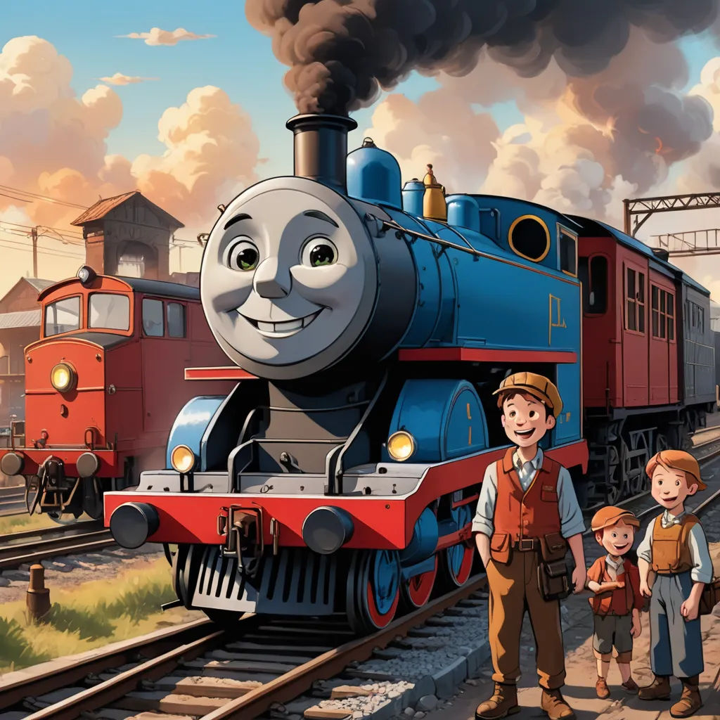 a cartoon train with a family standing next to it on the tracks and a train engine in the background, sots art, concept art, Donald Roller Wilson, official art