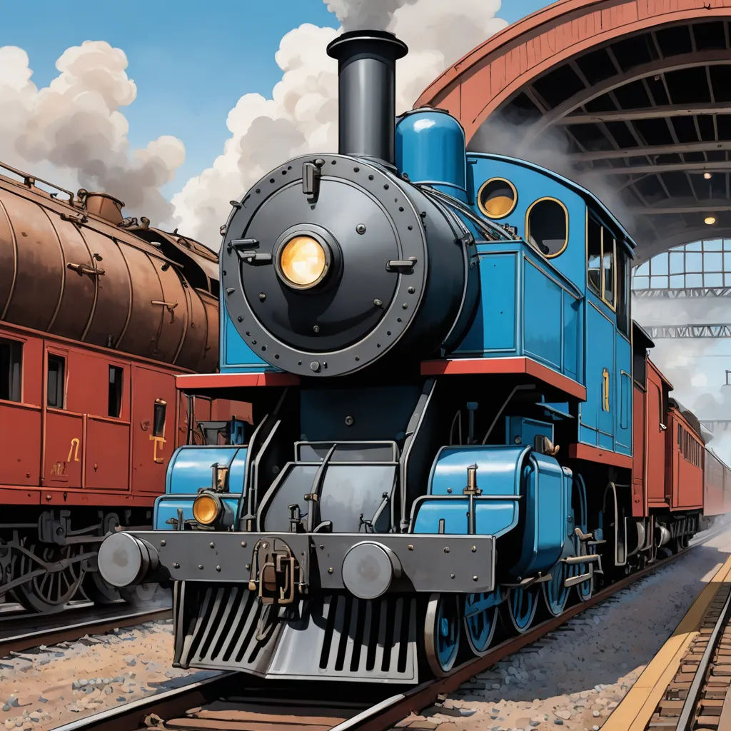 a painting of a train engine pulling into a station with a train on the tracks and a train car behind it, photorealism, a detailed matte painting, Brothers Hildebrandt, official art