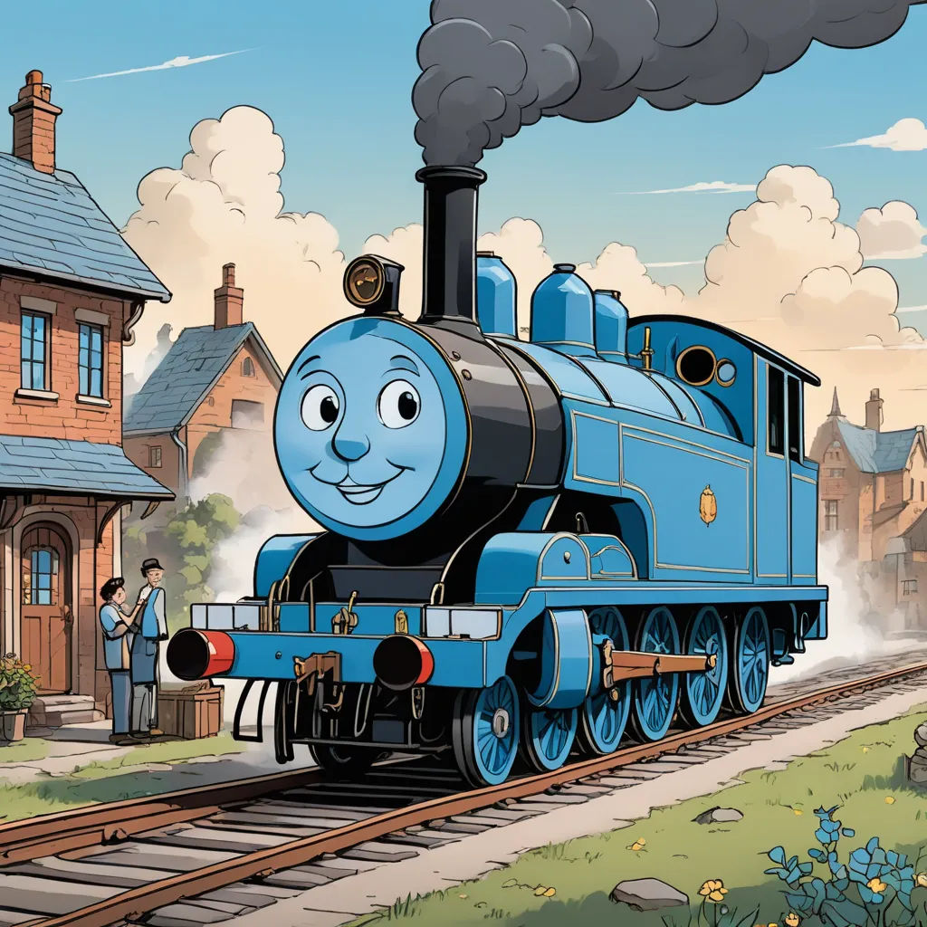 a cartoon train with a man standing next to it on the tracks near a house and a train with a man standing next to it, sots art, a digital rendering, Donald Roller Wilson, official art
