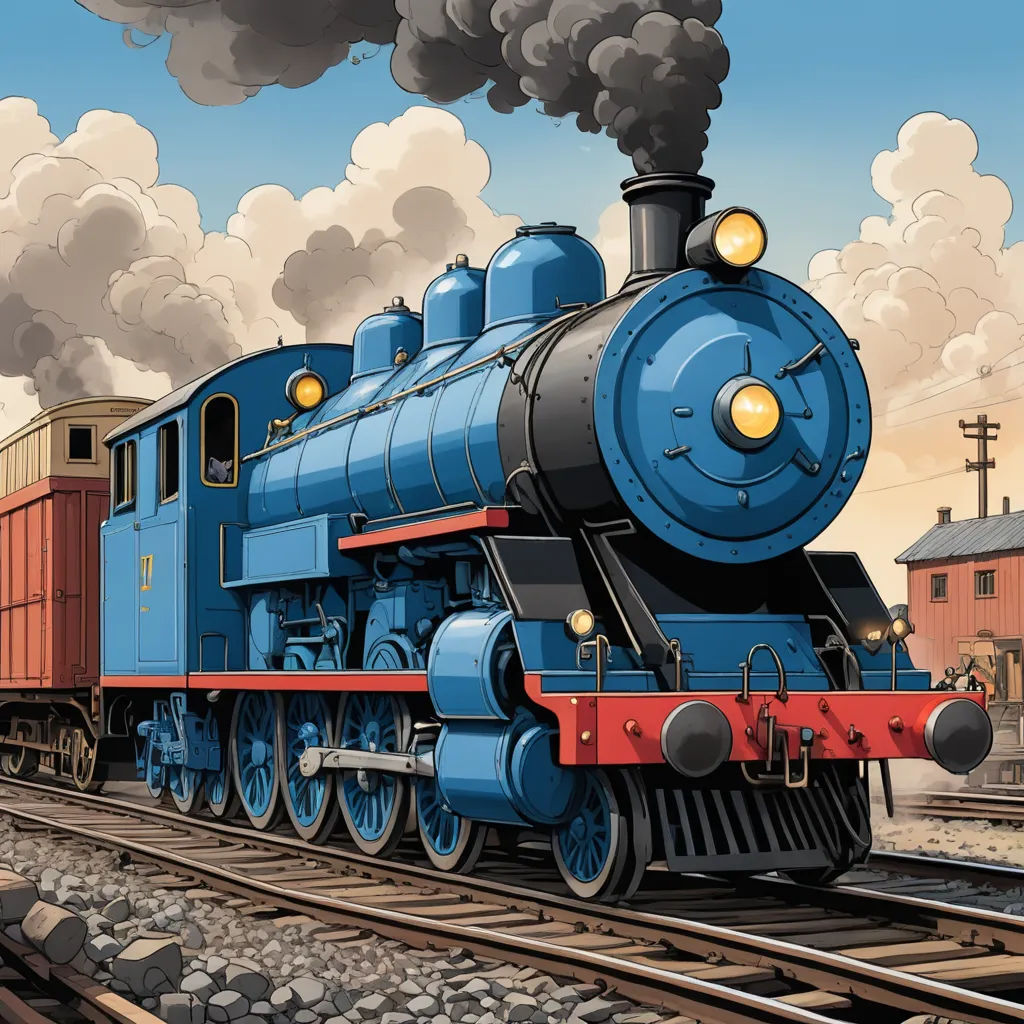 a blue train with smoke coming out of it's engine is on the tracks near a building and a street, sots art, a digital rendering, Charles Ginner, official art