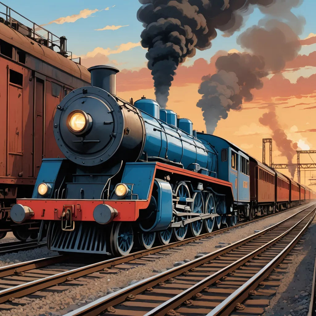 a train is traveling down the tracks with smoke coming out of it's stacks and a sky background, sots art, a detailed matte painting, Evgeny Lushpin, highly detailed digital painting