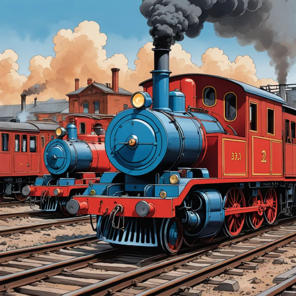 a painting of a train on a train track with smoke coming out of it's stacks and a train on the tracks, sots art, a digital rendering, Charles Ginner, highly detailed digital painting