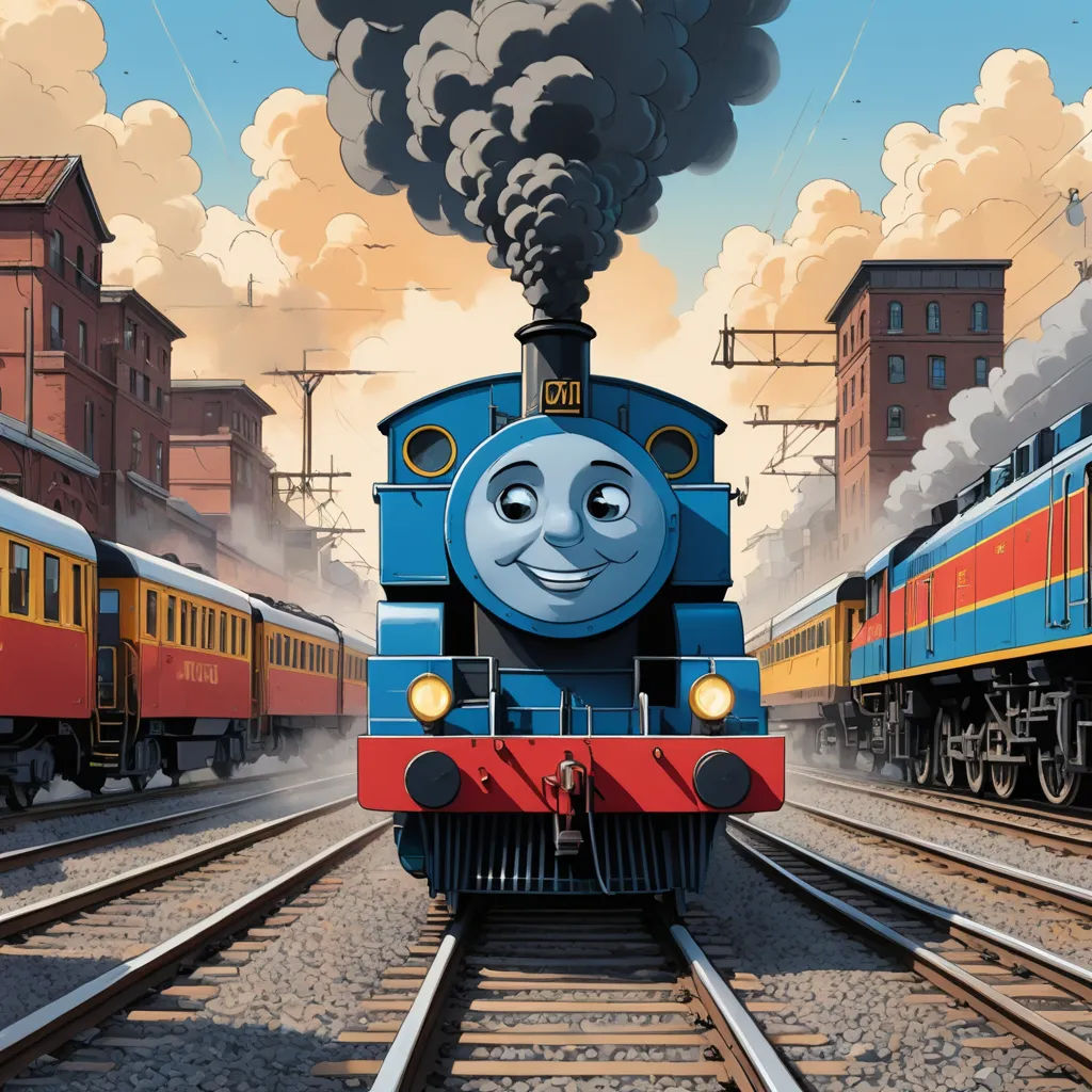 a cartoon train with a smiling face on the tracks with smoke coming out of it's chimneys, sots art, concept art, David Martin, official art