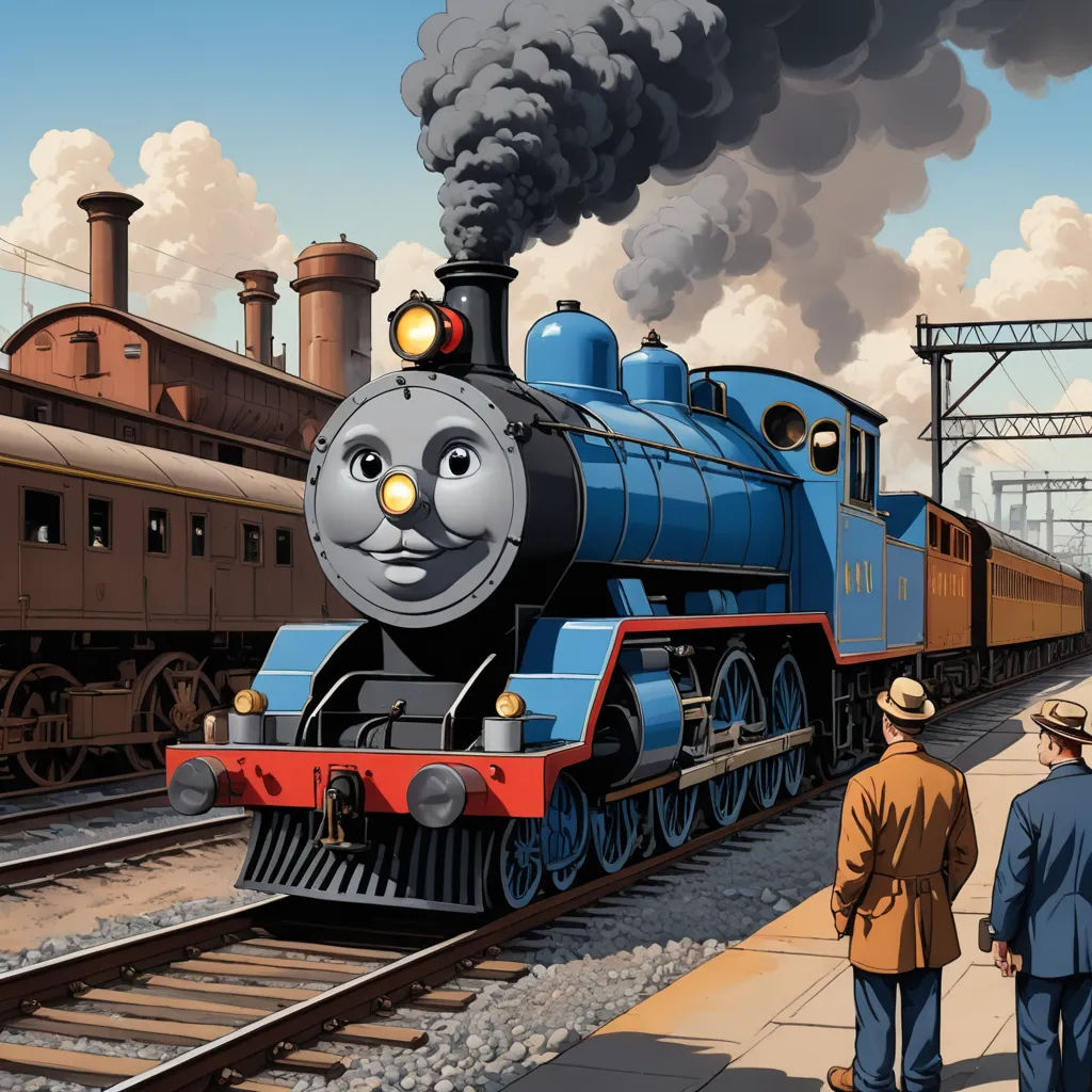 a painting of a train engine with a man looking at it and a man standing next to it looking at it, sots art, a digital rendering, Charles Ginner, official art