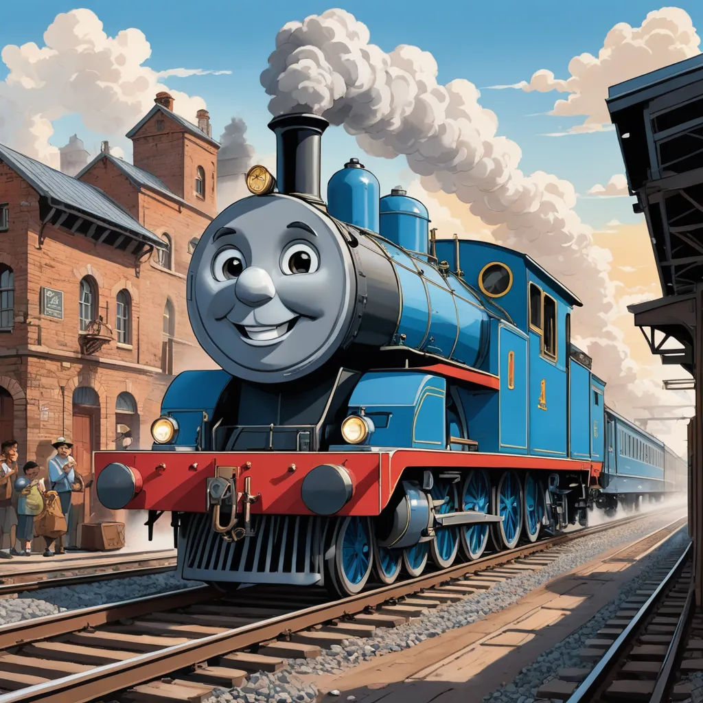 a cartoon train with a smiling face on the tracks with people standing around it and a building in the background, sots art, a digital rendering, Donald Roller Wilson, official art