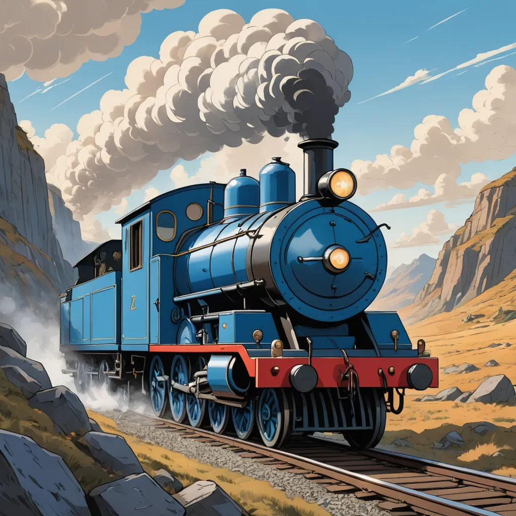 a blue train traveling through a mountainous countryside next to a mountain range with clouds in the sky above it, fantasy art, a detailed matte painting, Colin Middleton, highly detailed digital painting