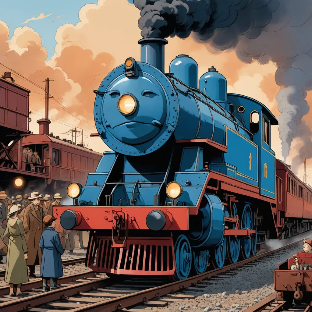 a painting of a train on a train track with people standing around it and a train on the tracks, fantastic realism, a comic book panel, Ernst Thoms, official art
