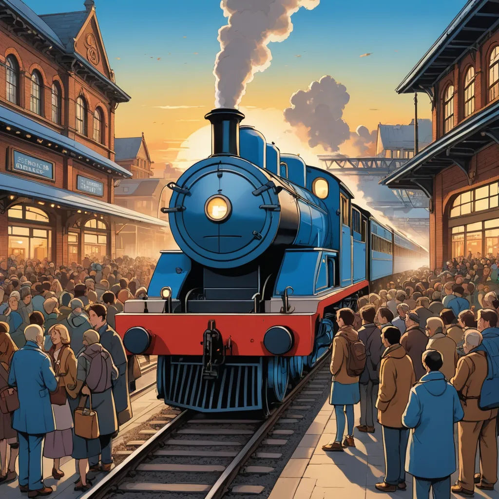 a train is coming down the tracks as people watch it from the platform at sunset or dawn, with a crowd of people standing on the platform, fantastic realism, a storybook illustration, Charles Ginner, official art