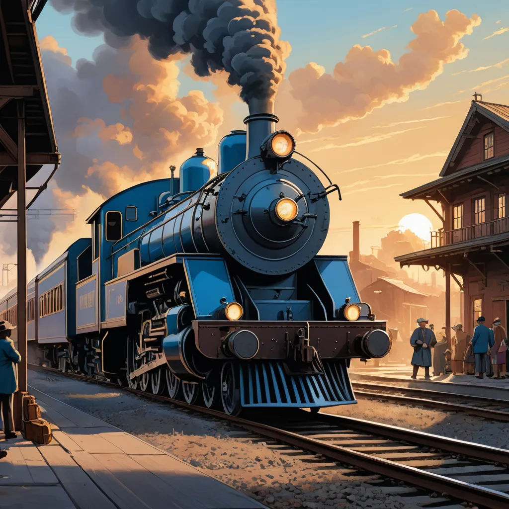 a painting of a train pulling into a train station with people standing on the platform and a train on the tracks, american scene painting, a detailed matte painting, Evgeny Lushpin, highly detailed digital painting