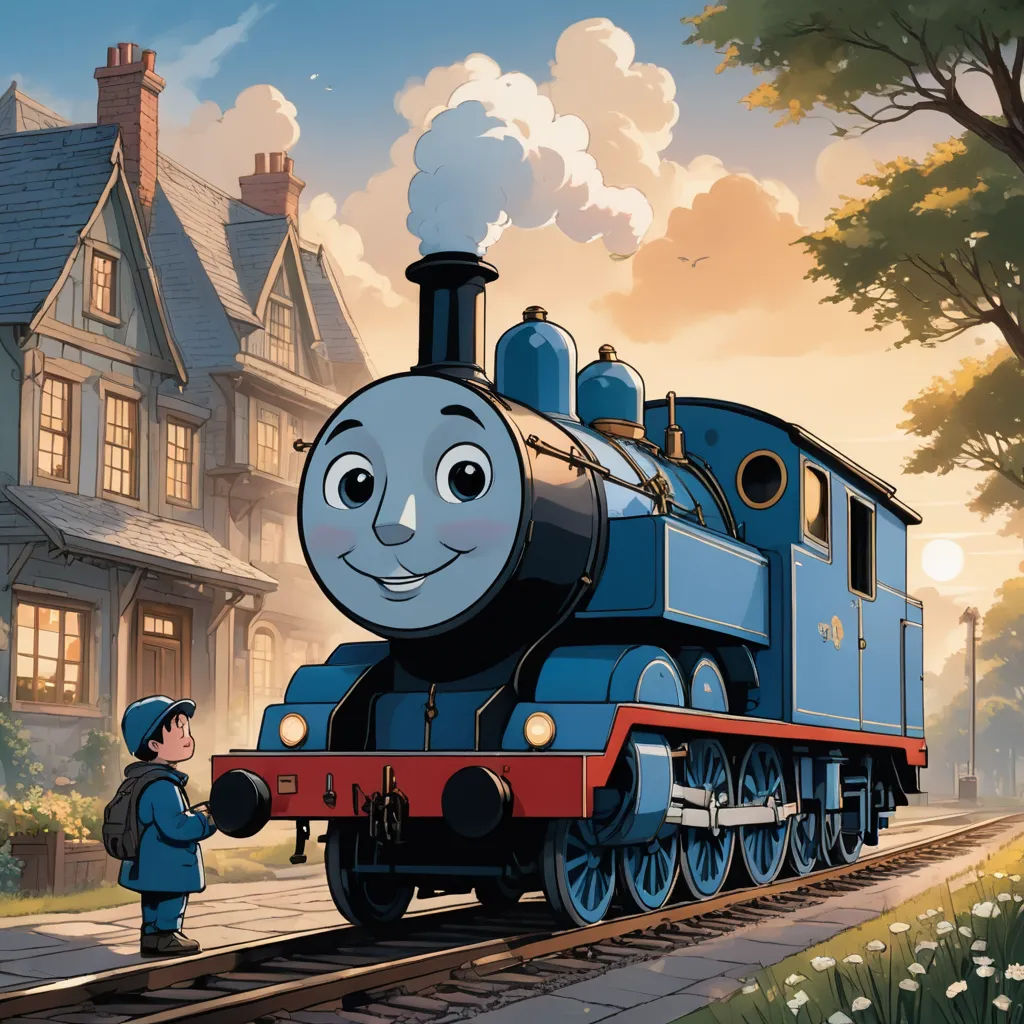 a cartoon train with a boy standing next to it on the tracks and a house in the background with a tree, sots art, concept art, Donald Roller Wilson, official art