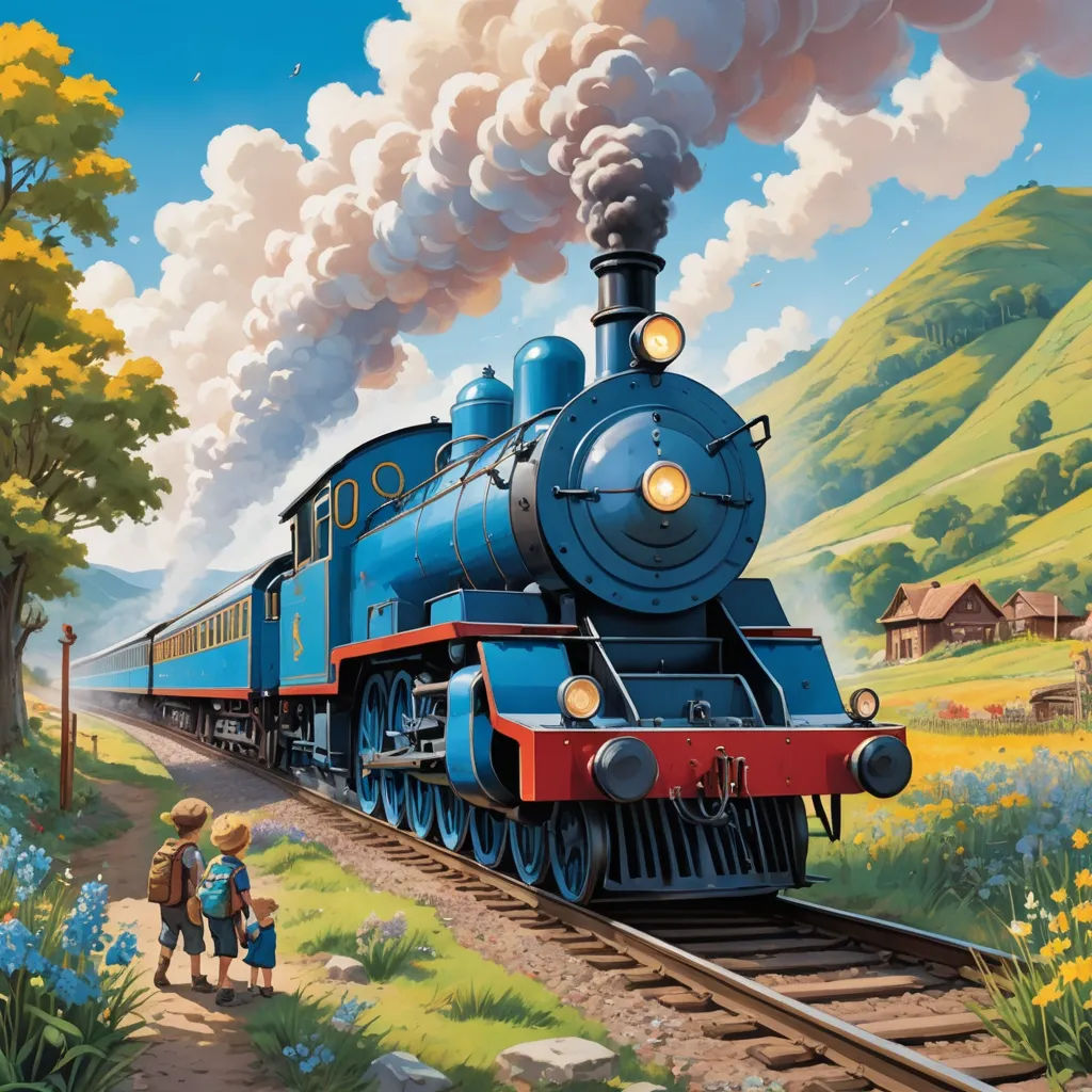 a painting of a train traveling down the tracks with people looking on from the side of the train as it passes by, american scene painting, a storybook illustration, Brothers Hildebrandt, storybook illustration