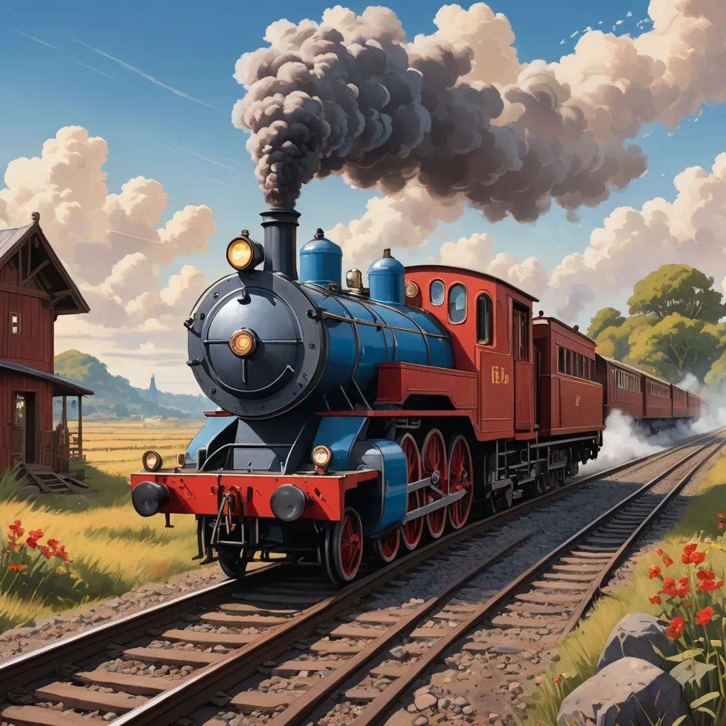 a painting of a train traveling down train tracks with a sky background and clouds in the background, with a red train engine on the tracks, american scene painting, a detailed matte painting, Evgeny Lushpin, highly detailed digital painting