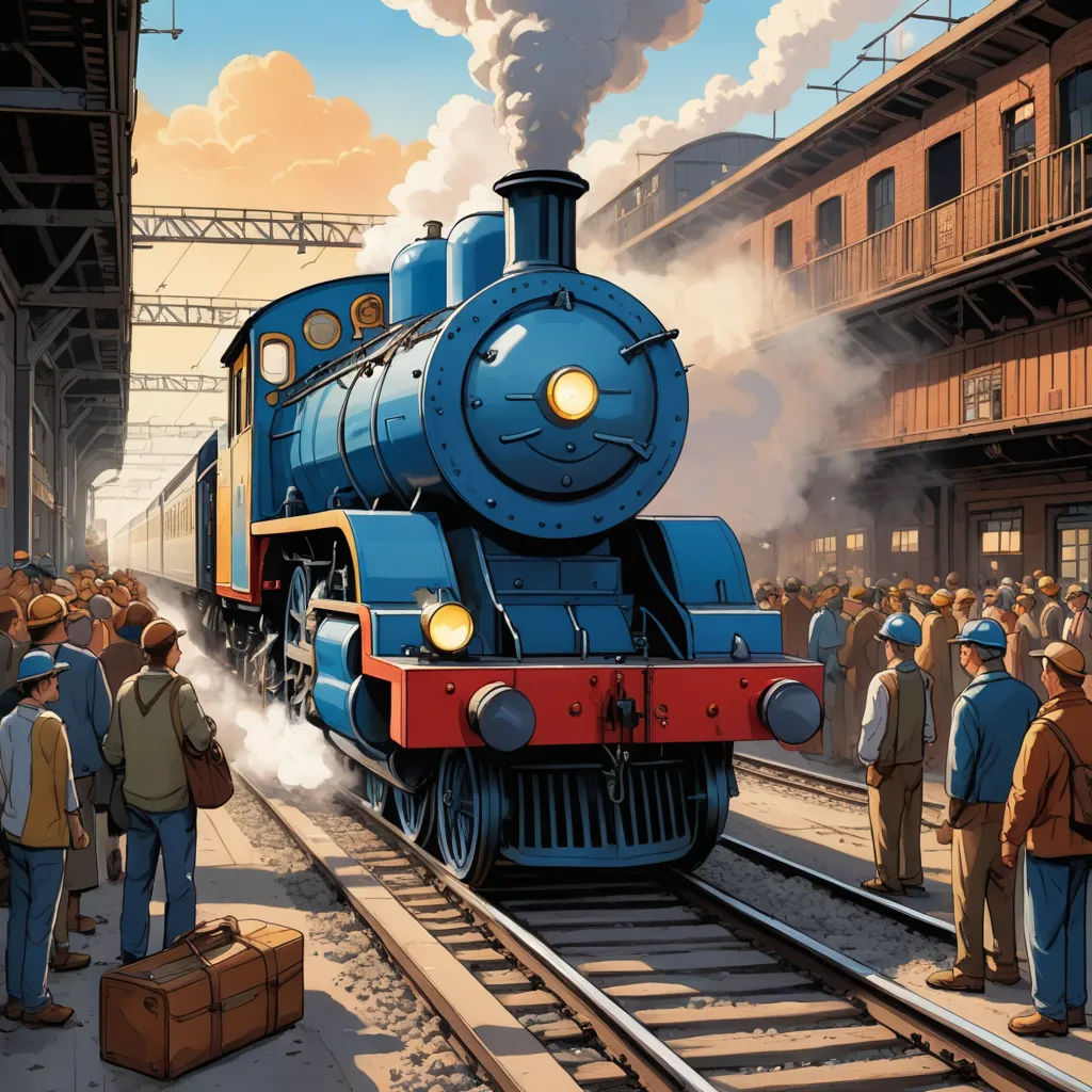 a painting of a train on a train track with people standing around it and a train coming down the track, fantastic realism, a storybook illustration, Brothers Hildebrandt, official art
