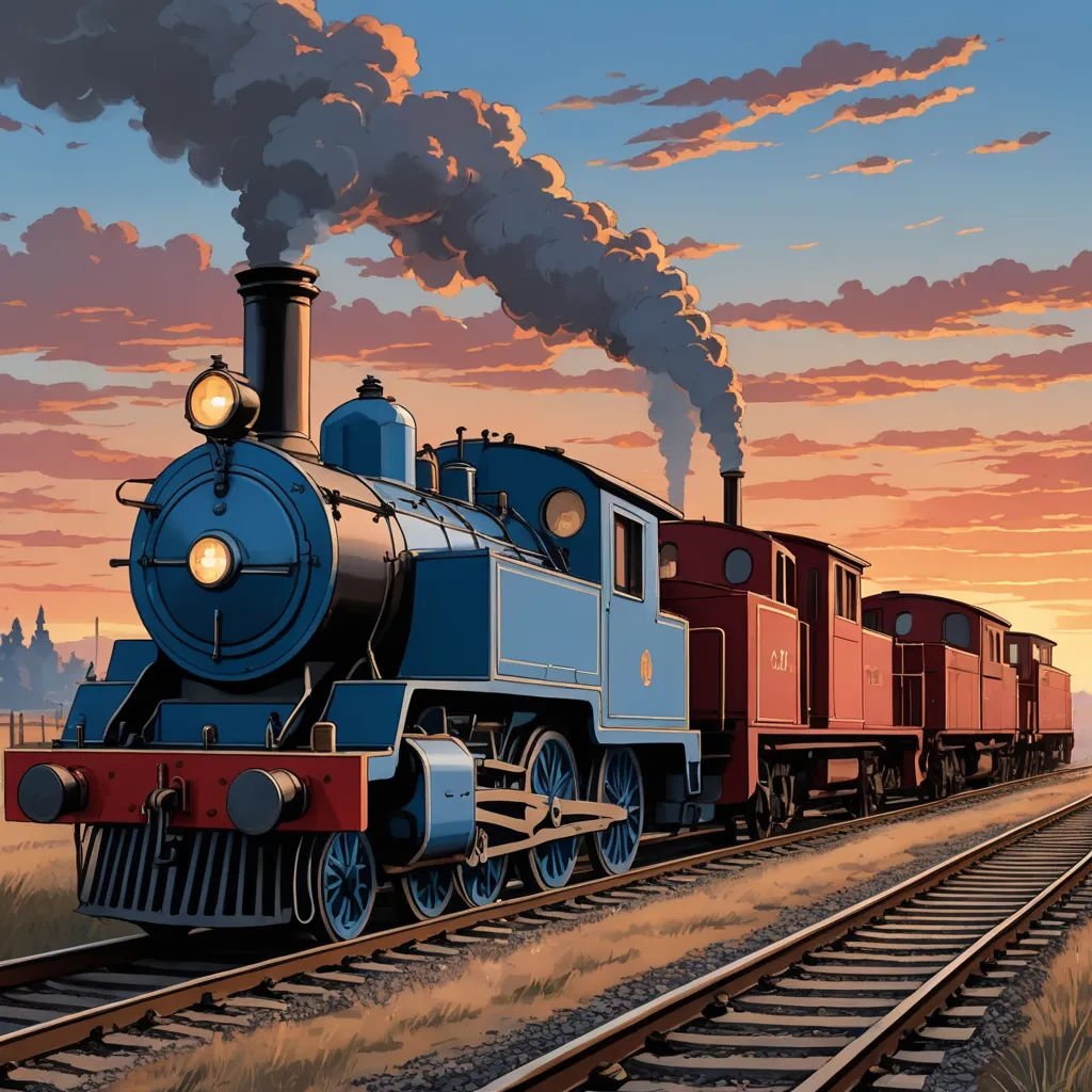 a train traveling down train tracks near a field of grass and trees at sunset with a sky background and clouds, american scene painting, a detailed matte painting, Brothers Hildebrandt, highly detailed digital painting