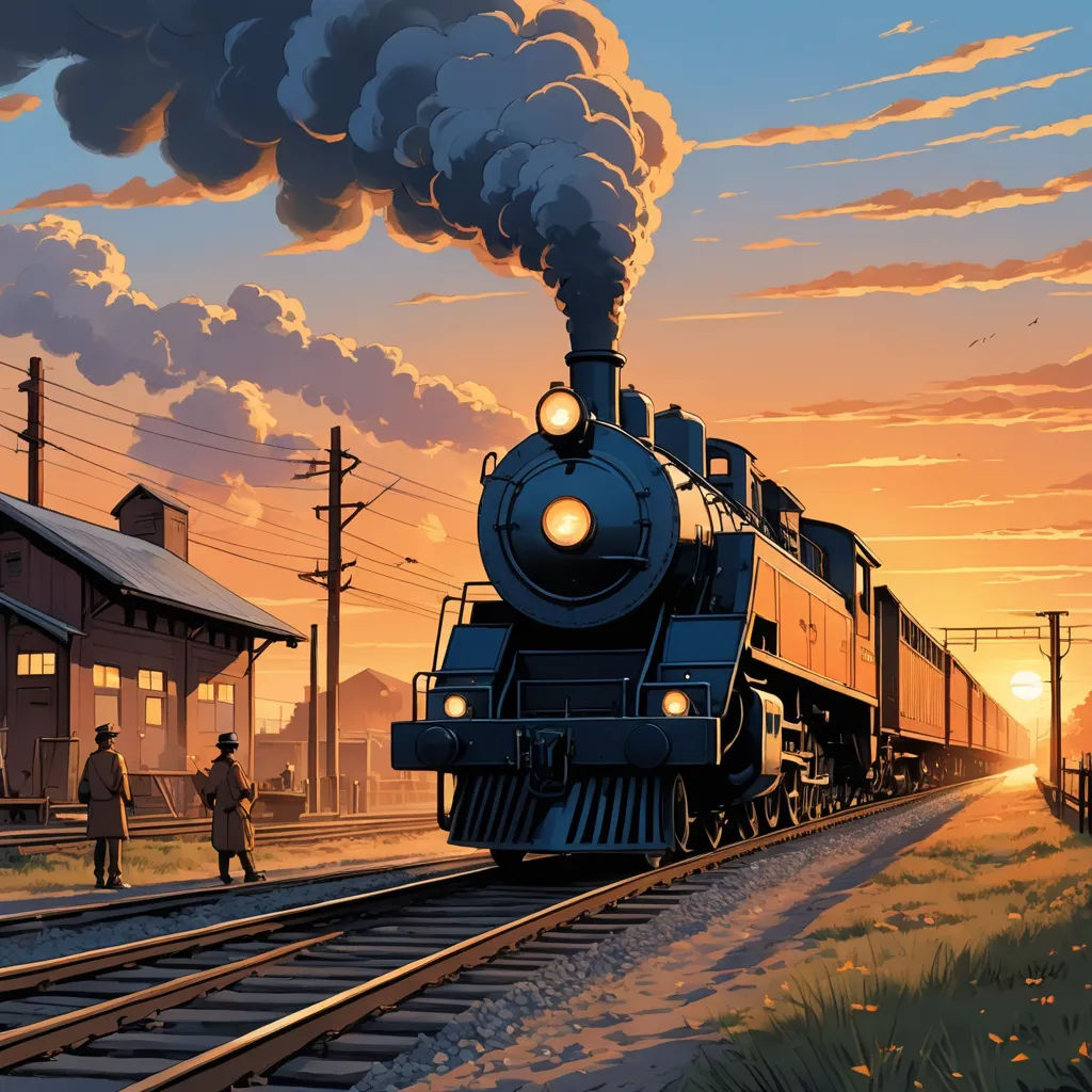a train traveling down train tracks next to a train station at sunset with people standing on the tracks watching, american scene painting, a colorized photo, Dan Mumford, dieselpunk