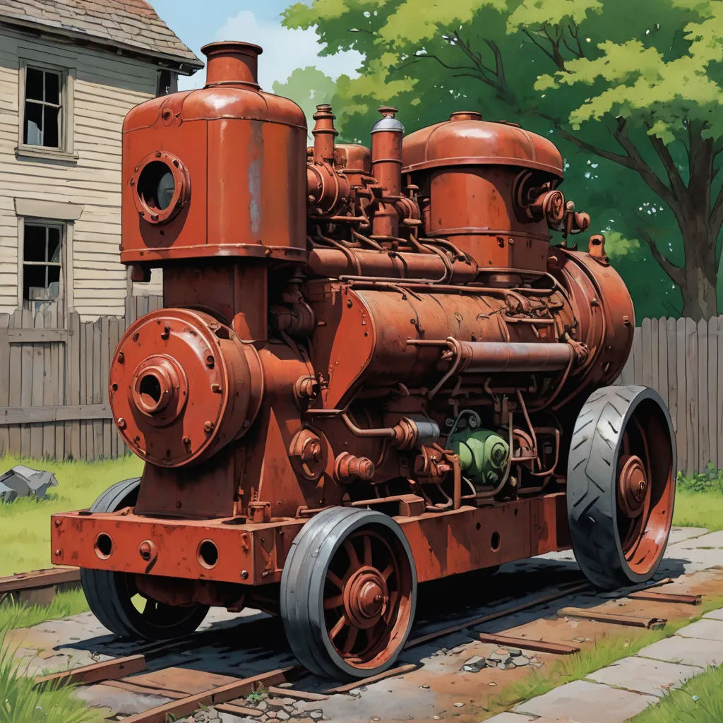 a painting of a red train engine on a track near a house and trees in the background with a fence, american scene painting, an airbrush painting, Aaron Jasinski, highly detailed digital painting