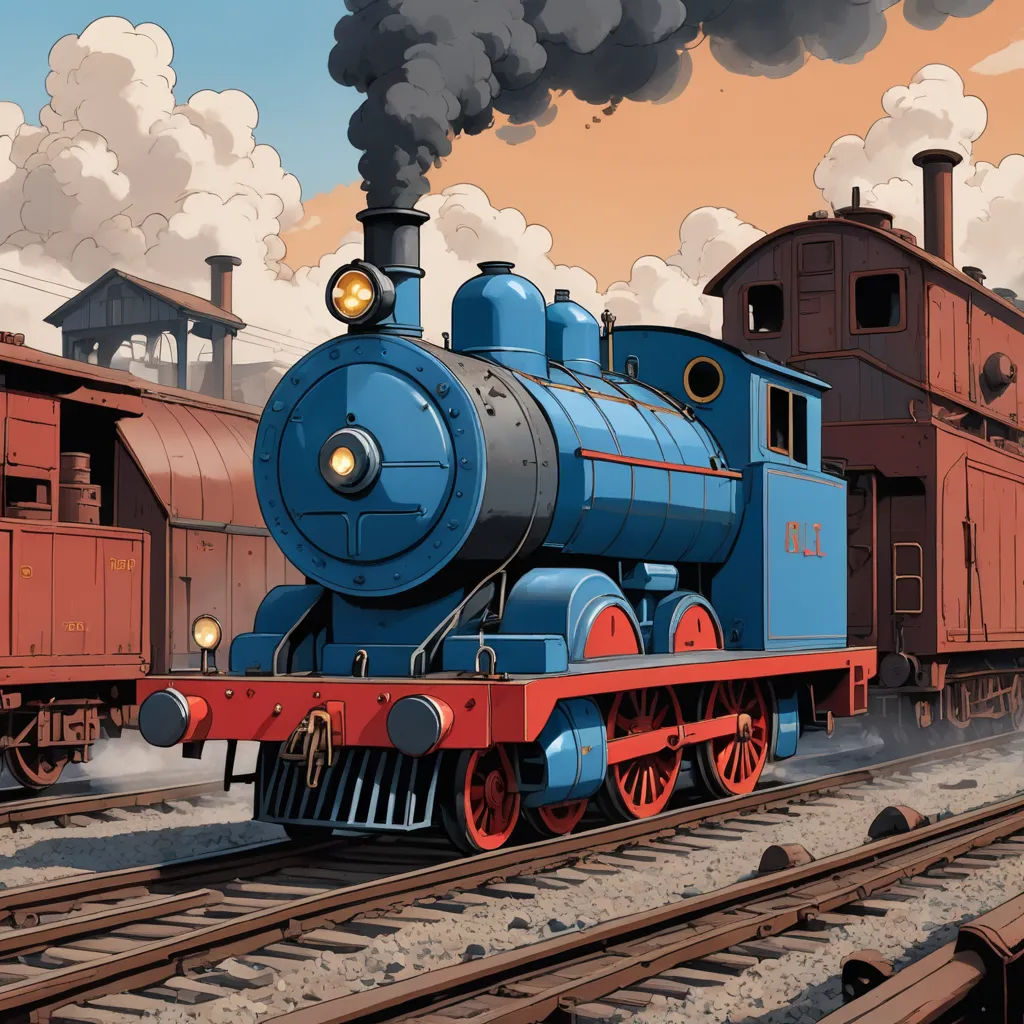 a blue train engine with a red car on the tracks and smoke billowing from it's stacks, sots art, a colorized photo, Cliff Childs, official art