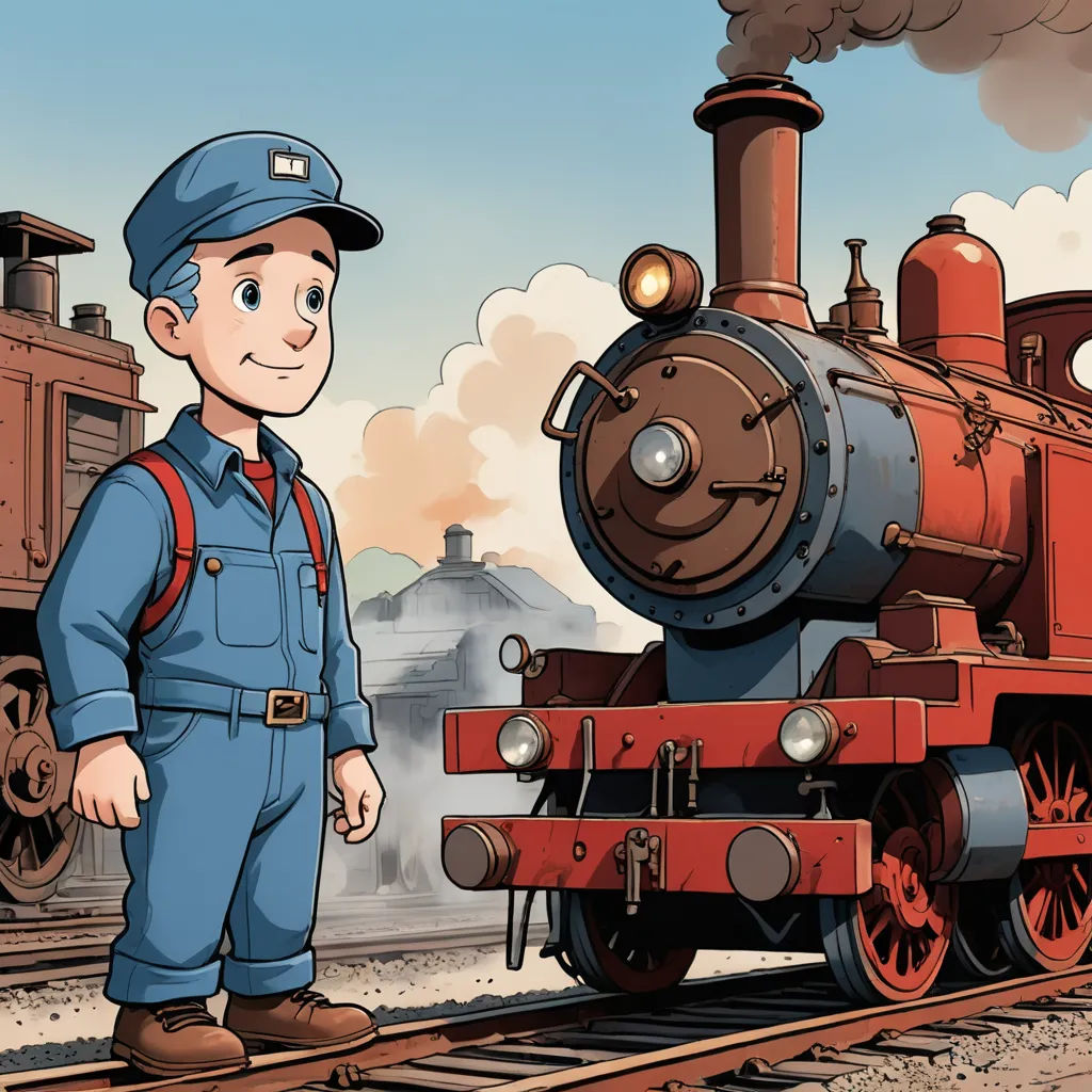 a cartoon train conductor standing next to a train engine and a man in a blue uniform standing next to it, les automatistes, a storybook illustration, Diego Gisbert Llorens, promotional image