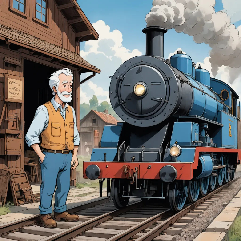 a man standing next to a train on a train track with a building in the background and a train on the tracks, sots art, a storybook illustration, Cliff Childs, official art
