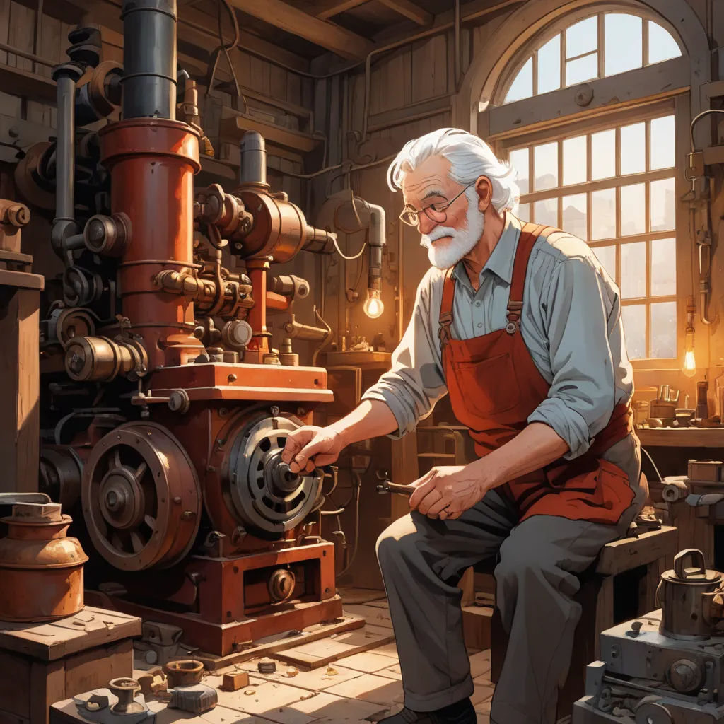 a man in an old factory working on a machine with a white beard and glasses on his face and a red apron, fantasy art, computer graphics, Evgeny Lushpin, highly detailed digital painting