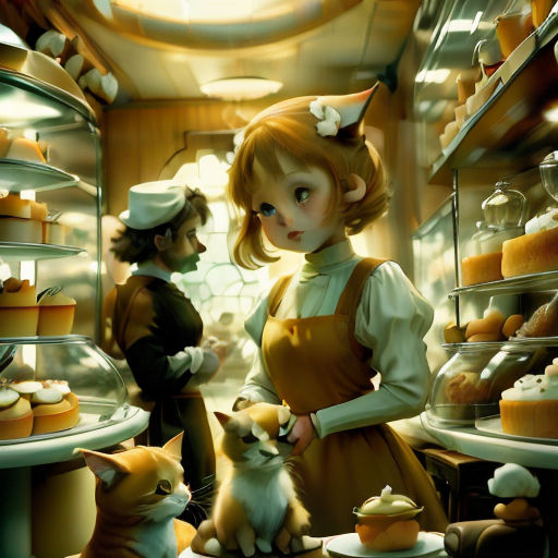 a painting of a woman and a cat in a bakery with a cat looking at a cake on a shelf