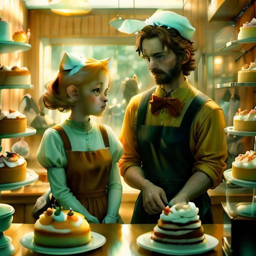 a man and a woman standing in front of a table with cakes on it and a cake server in front of them