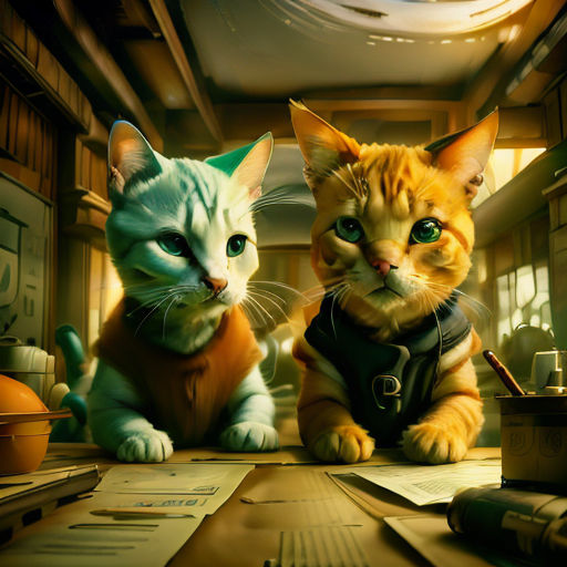 two cats sitting on a table with papers and a pen in front of them, one of them is wearing a leather jacket