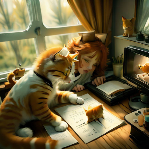 a woman is sitting at a desk with two cats and a book in front of her, and a cat is sitting on top of a book