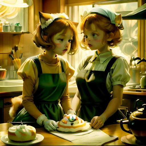 two women in aprons are cutting a cake together in a kitchen with a cat on top of the cake