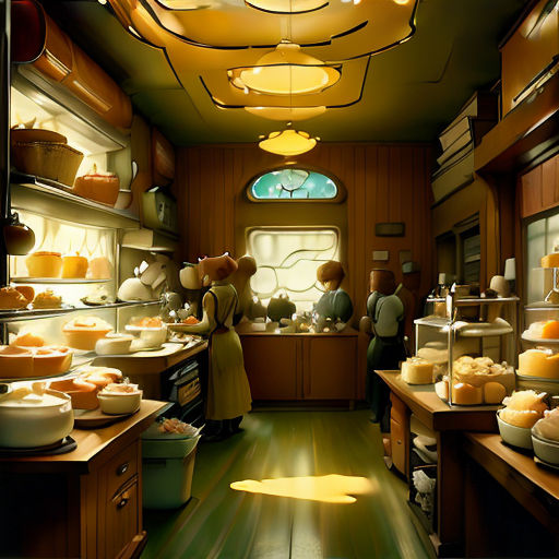a kitchen with a lot of food on the counter and a couple of people in the kitchen behind the counter