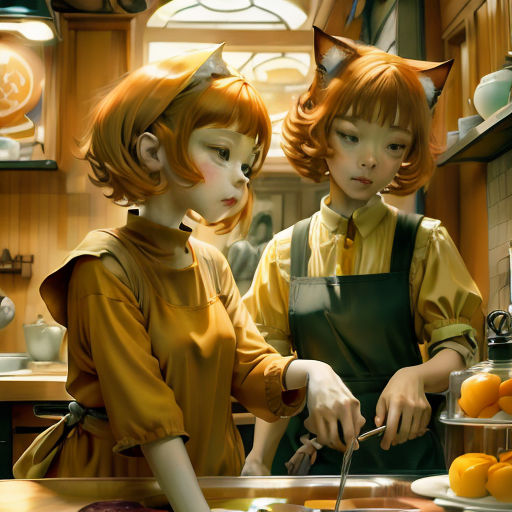 two children are cooking in a kitchen together, one is cutting oranges and the other is cutting a carrot