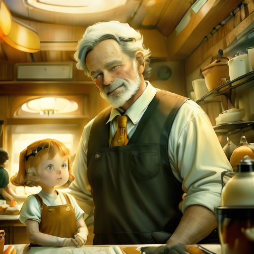 a man and a little girl are in a kitchen together, one is looking at a book and the other is looking at a book