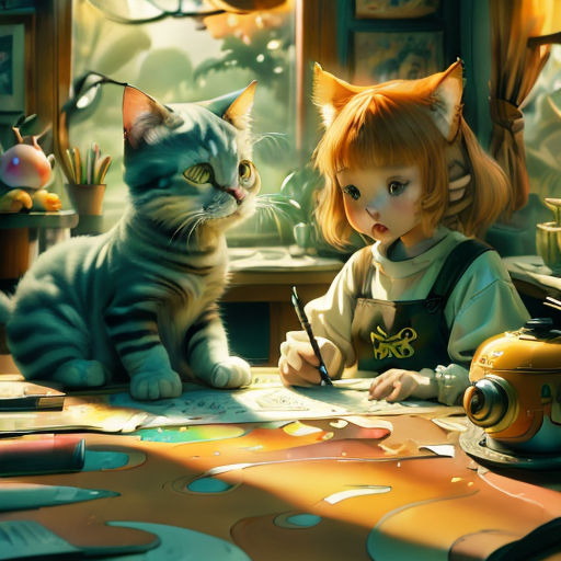 a painting of a girl and a cat sitting at a table with a paintbrush and a pencil in their hand