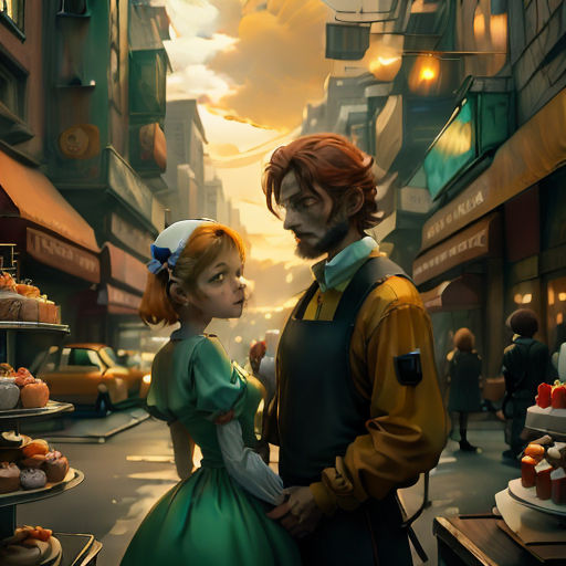 a man and a woman standing in a street next to a cake shop with a sky background and clouds