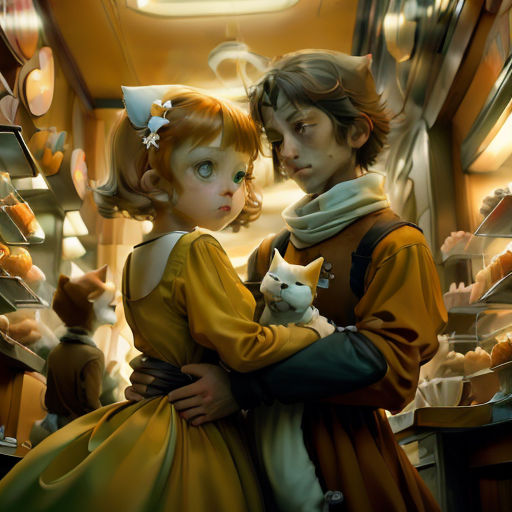 a painting of a boy and girl holding a cat in a store with other people looking on from the shelves