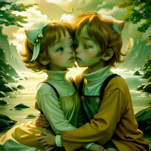 two children are sitting on a bench in the woods, one is kissing the other's cheek while the other is looking at the camera